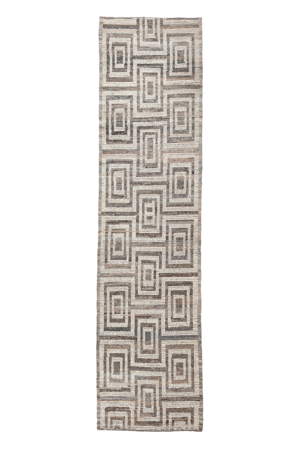 3' x 13' one-of-a-kind handmade vintage Tulu runner rug. Color palette: brown, dark gray, dim gray, gainsboro, gray