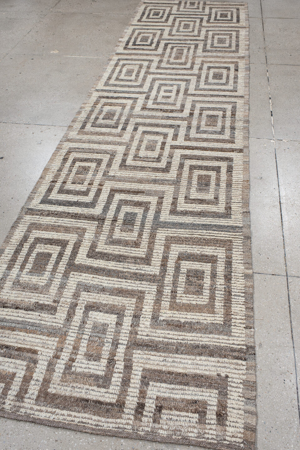 3' x 13' one-of-a-kind handmade vintage Tulu runner rug. Color palette: ivory, taupe, brown, charcoal, greige, beige, gray