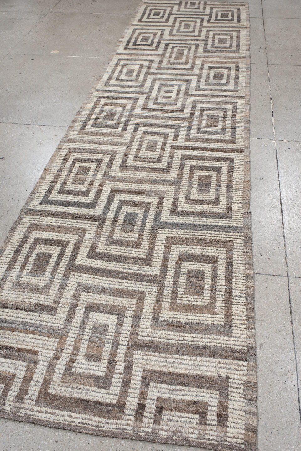 3' x 13' one-of-a-kind handmade vintage Tulu runner rug. Color palette: ivory, taupe, brown, charcoal, greige, beige, gray