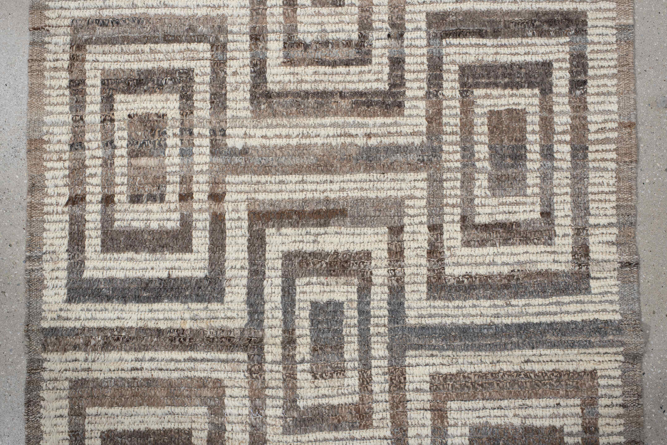 3' x 13' one-of-a-kind handmade vintage Tulu runner rug. Color palette: ivory, taupe, brown, charcoal, greige, beige, gray
