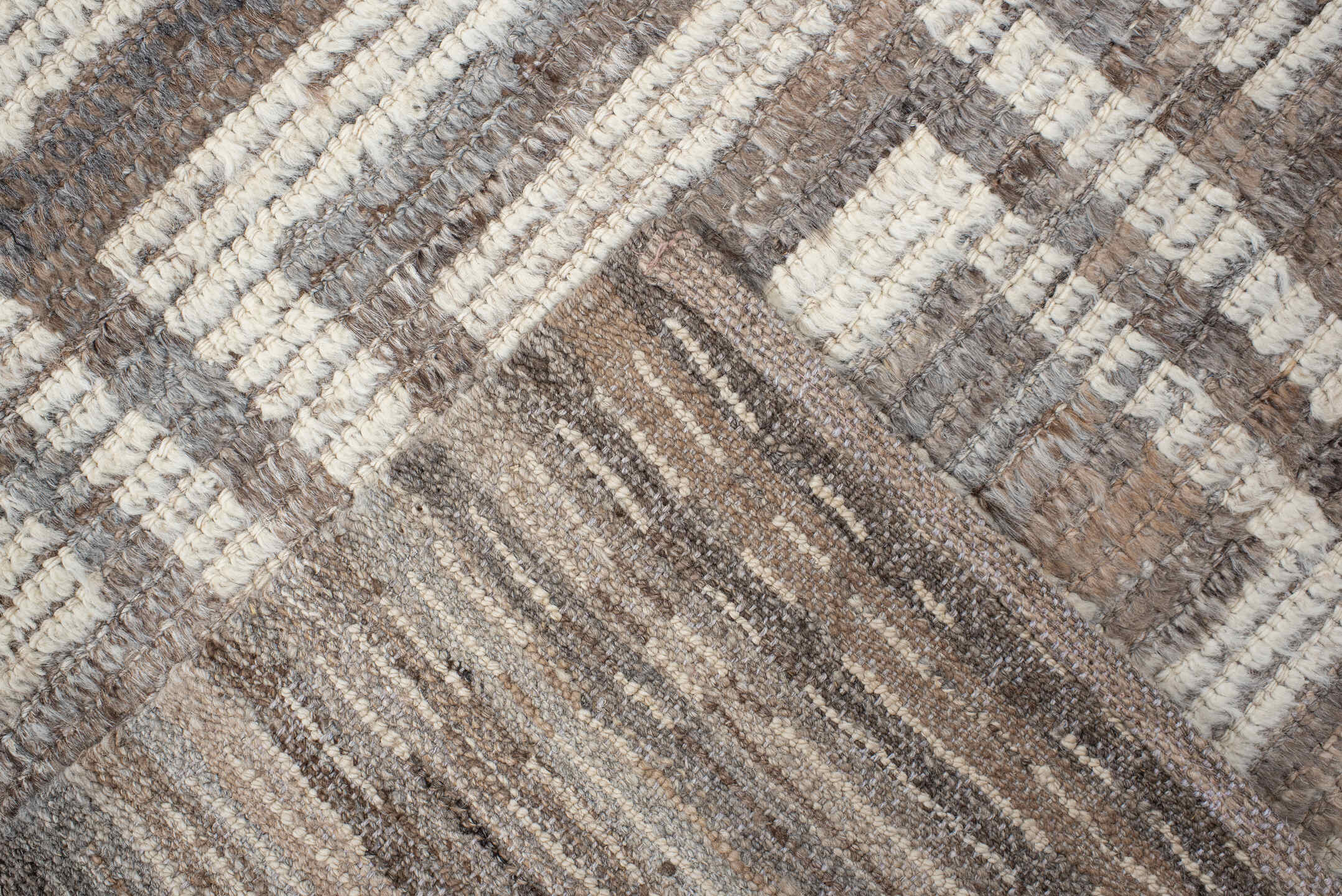3' x 13' one-of-a-kind handmade vintage Tulu runner rug. Color palette: ivory, taupe, brown, charcoal, greige, beige, gray