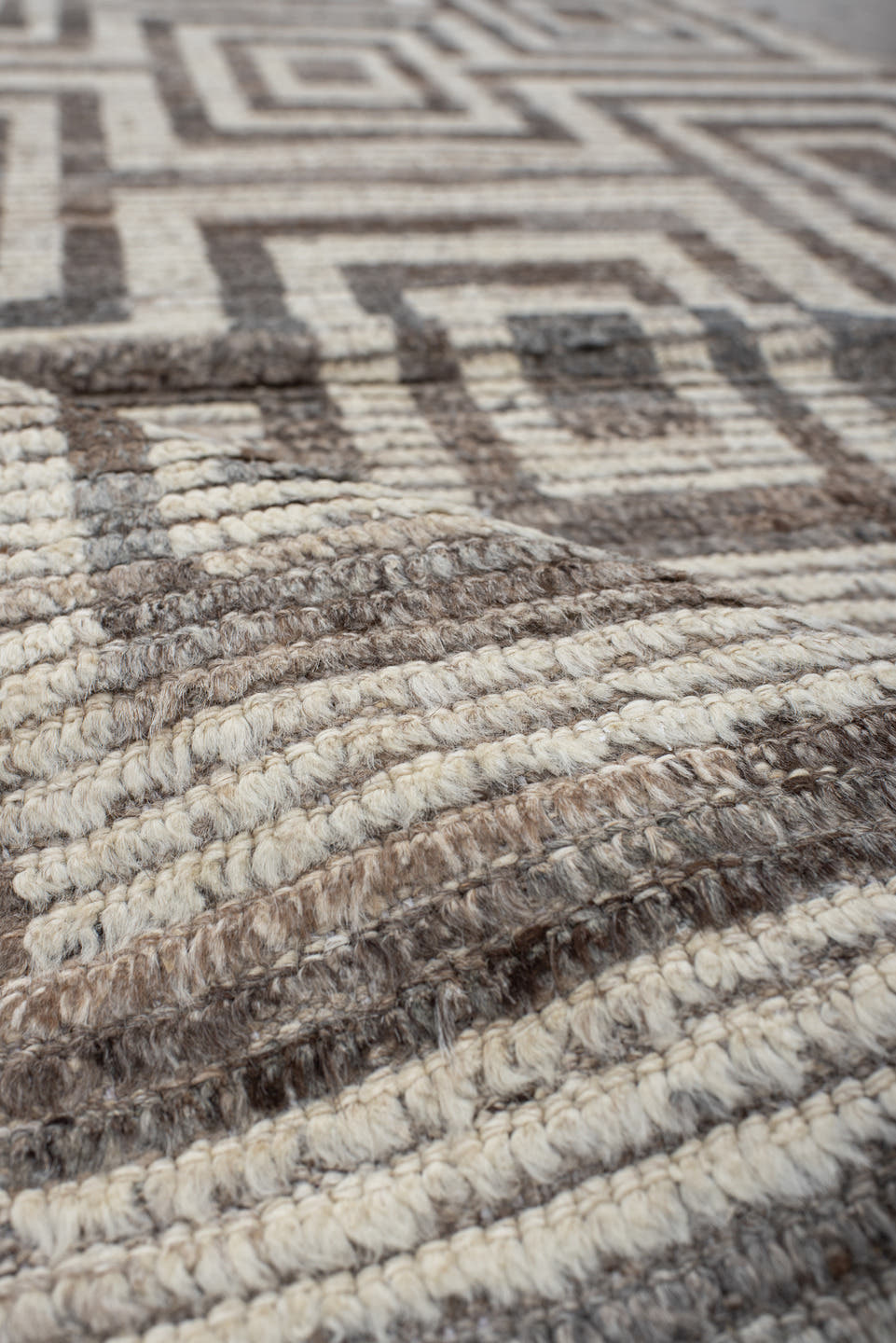 3' x 13' one-of-a-kind handmade vintage Tulu runner rug. Color palette: ivory, taupe, brown, charcoal, greige, beige, gray