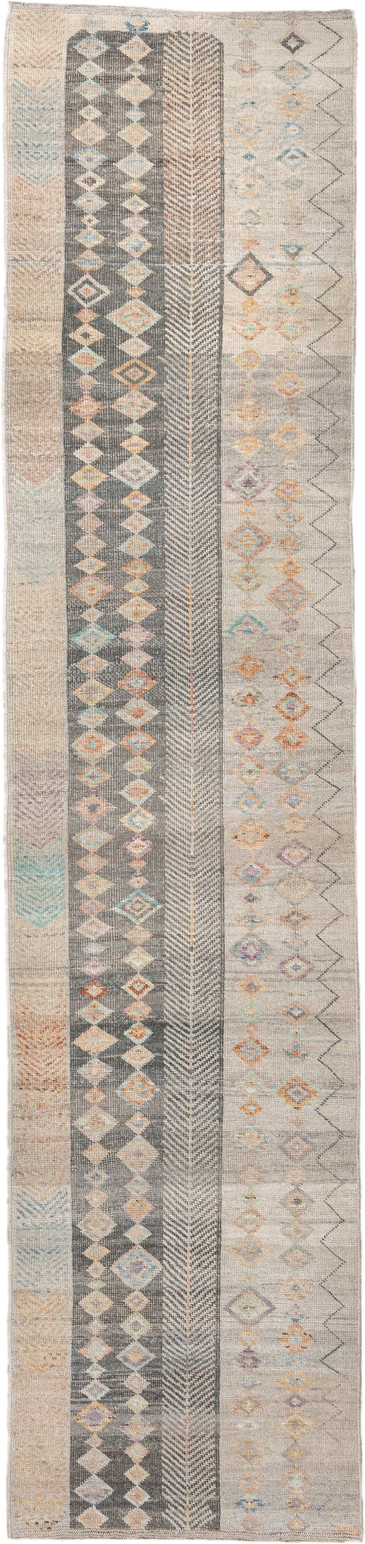 3' x 12' one-of-a-kind handmade vintage Tulu runner rug. Color palette: ivory, taupe, charcoal, camel, pale blue, saffron