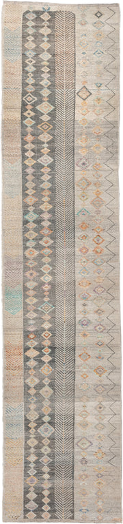 3' x 12' one-of-a-kind handmade vintage Tulu runner rug. Color palette: ivory, taupe, charcoal, camel, pale blue, saffron