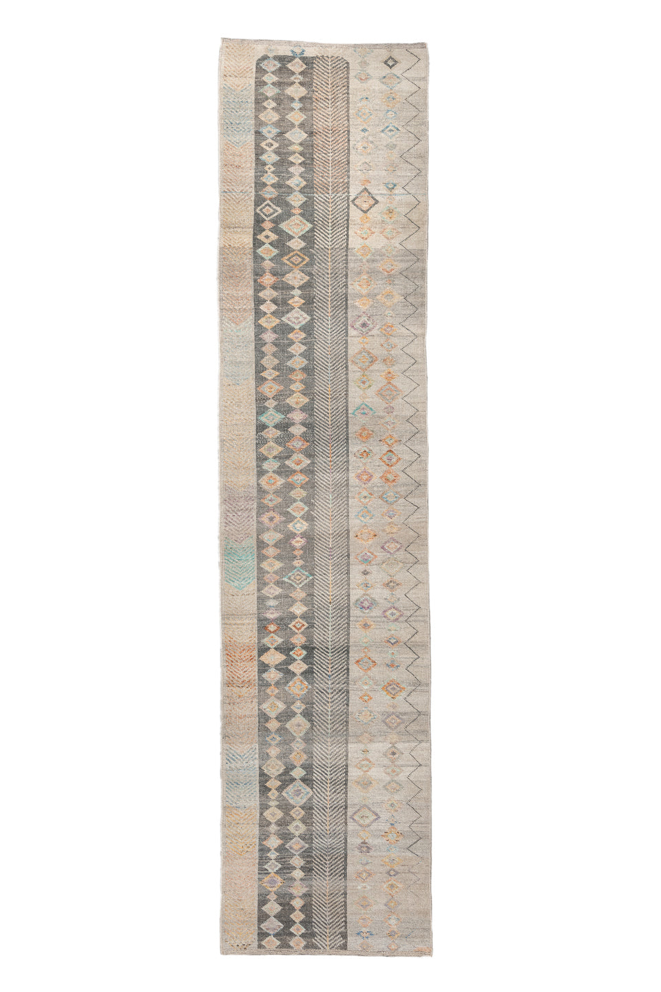 3' x 12' one-of-a-kind handmade vintage Tulu runner rug. Color palette: brown, dim gray, gray, light gray, off-white, orange