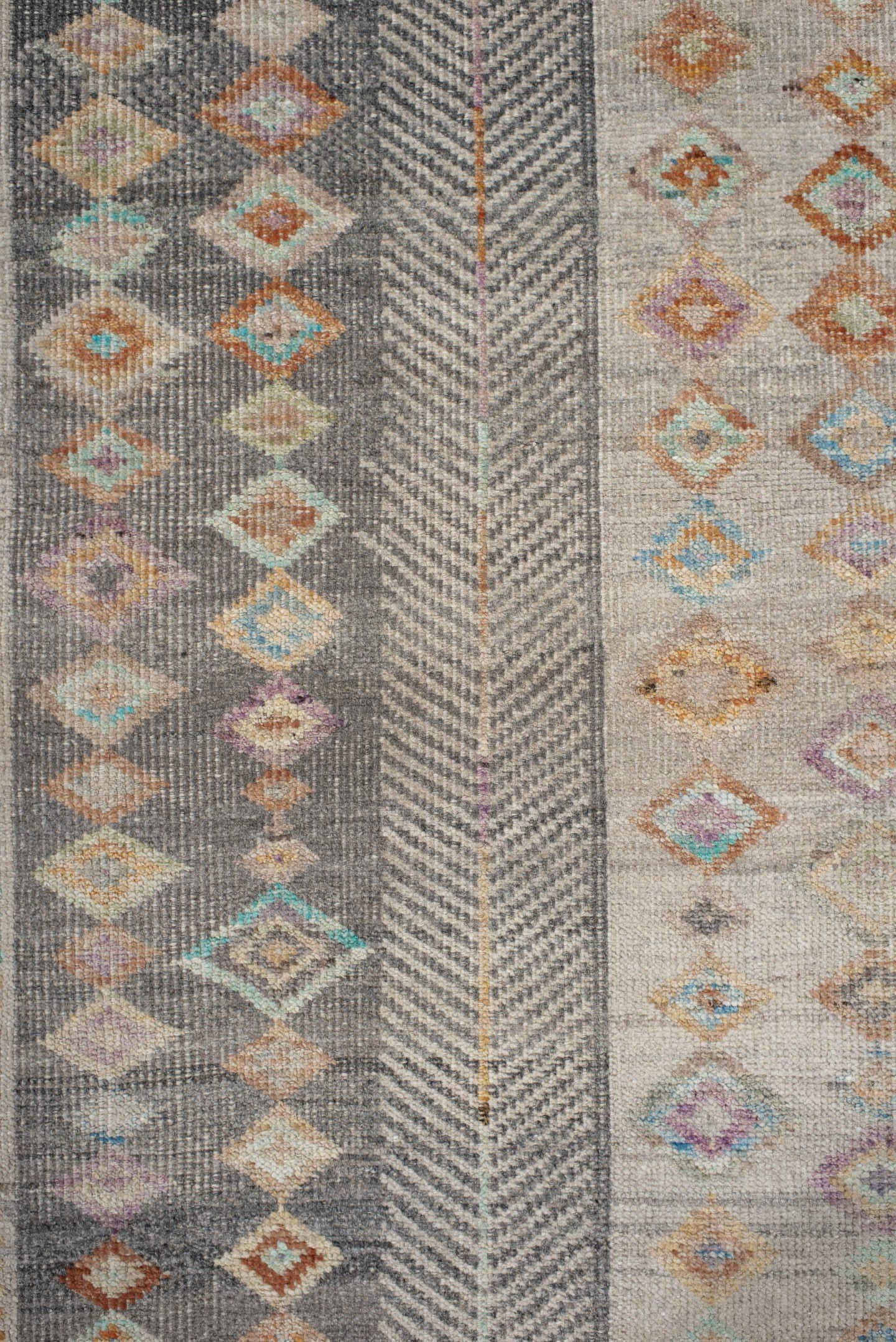 3' x 12' one-of-a-kind handmade vintage Tulu runner rug. Color palette: ivory, taupe, charcoal, camel, pale blue, saffron