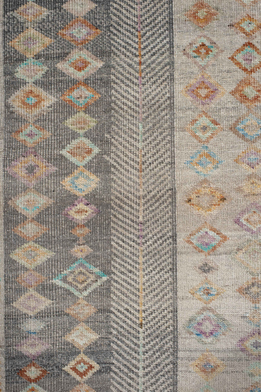 3' x 12' one-of-a-kind handmade vintage Tulu runner rug. Color palette: ivory, taupe, charcoal, camel, pale blue, saffron