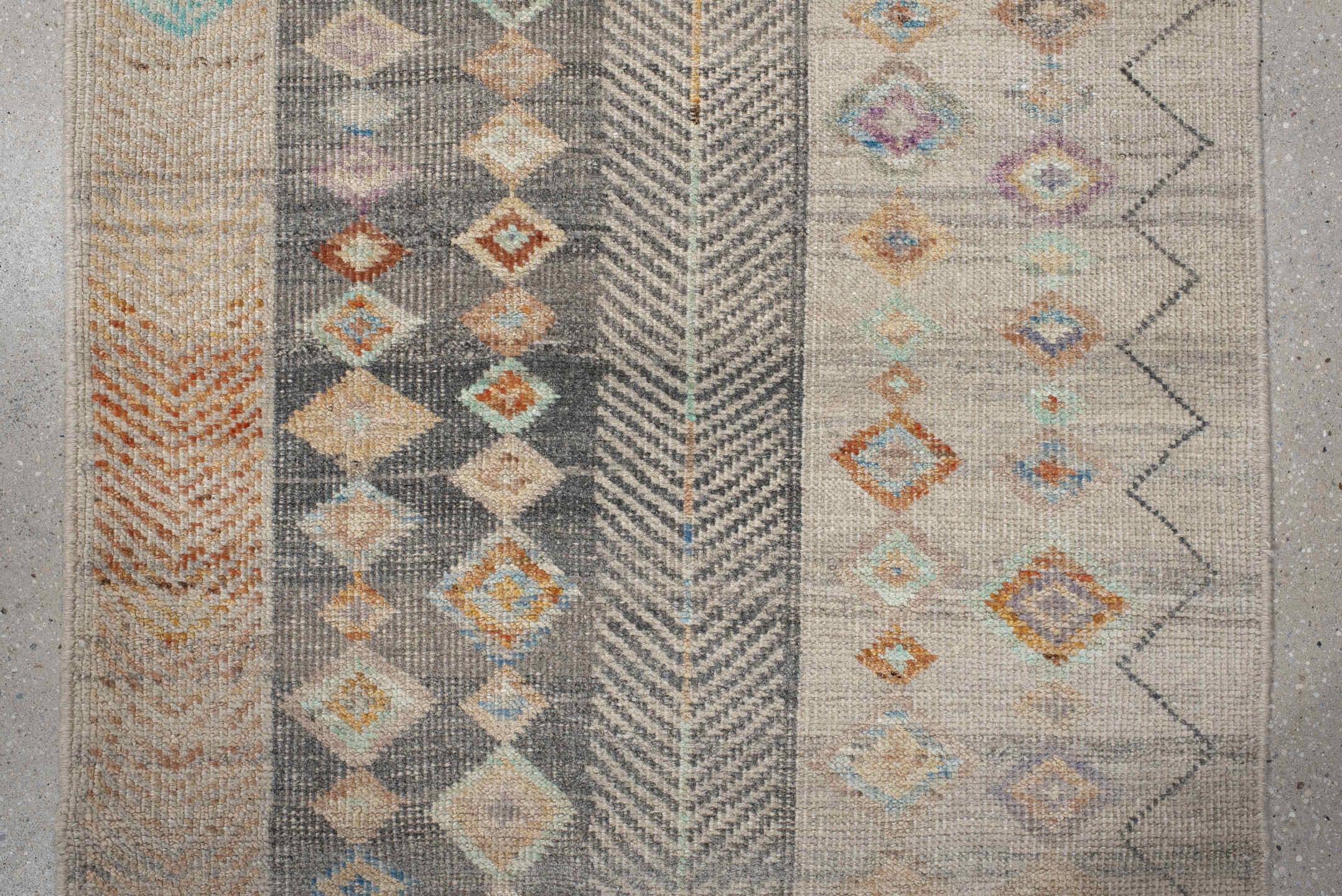 3' x 12' one-of-a-kind handmade vintage Tulu runner rug. Color palette: ivory, taupe, charcoal, camel, pale blue, saffron