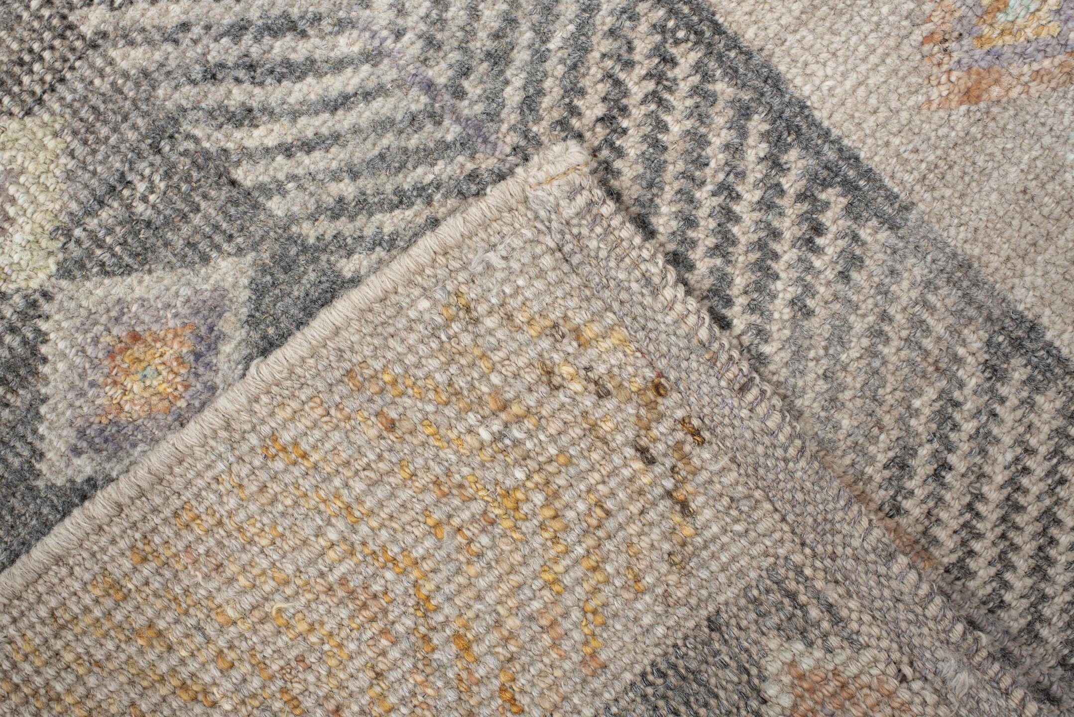 3' x 12' one-of-a-kind handmade vintage Tulu runner rug. Color palette: ivory, taupe, charcoal, camel, pale blue, saffron