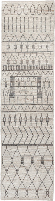3' x 11' one-of-a-kind handmade vintage Tulu runner rug. Color palette: ivory, charcoal, taupe, cream, camel, gray, black