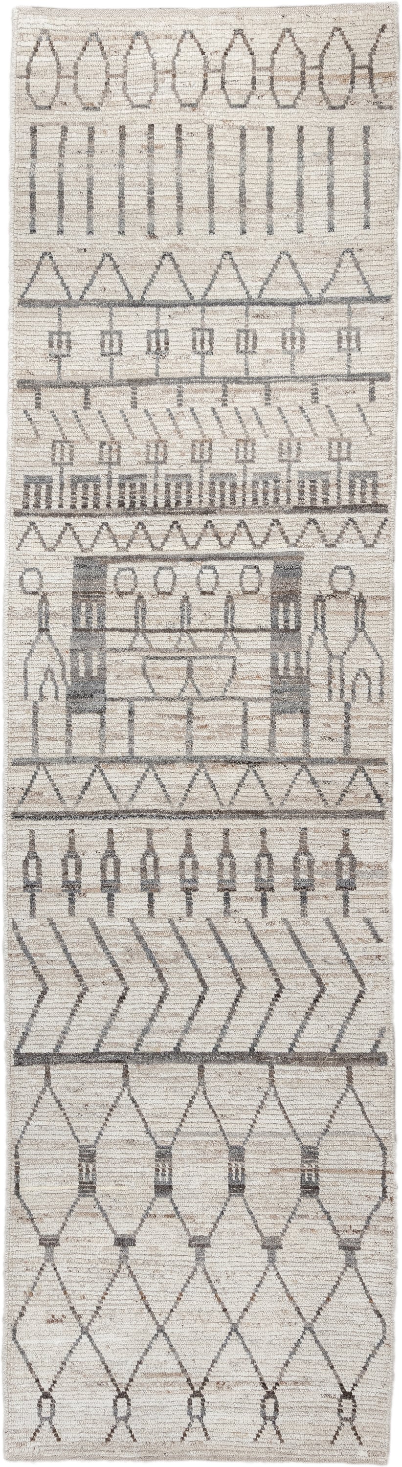 3' x 11' one-of-a-kind handmade vintage Tulu runner rug. Color palette: ivory, charcoal, taupe, cream, camel, gray, black