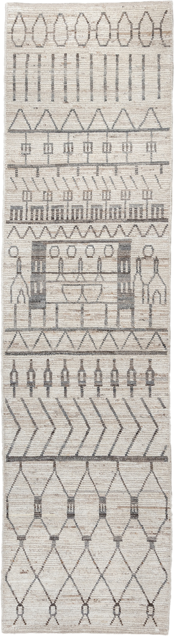 3' x 11' one-of-a-kind handmade vintage Tulu runner rug. Color palette: ivory, charcoal, taupe, cream, camel, gray, black