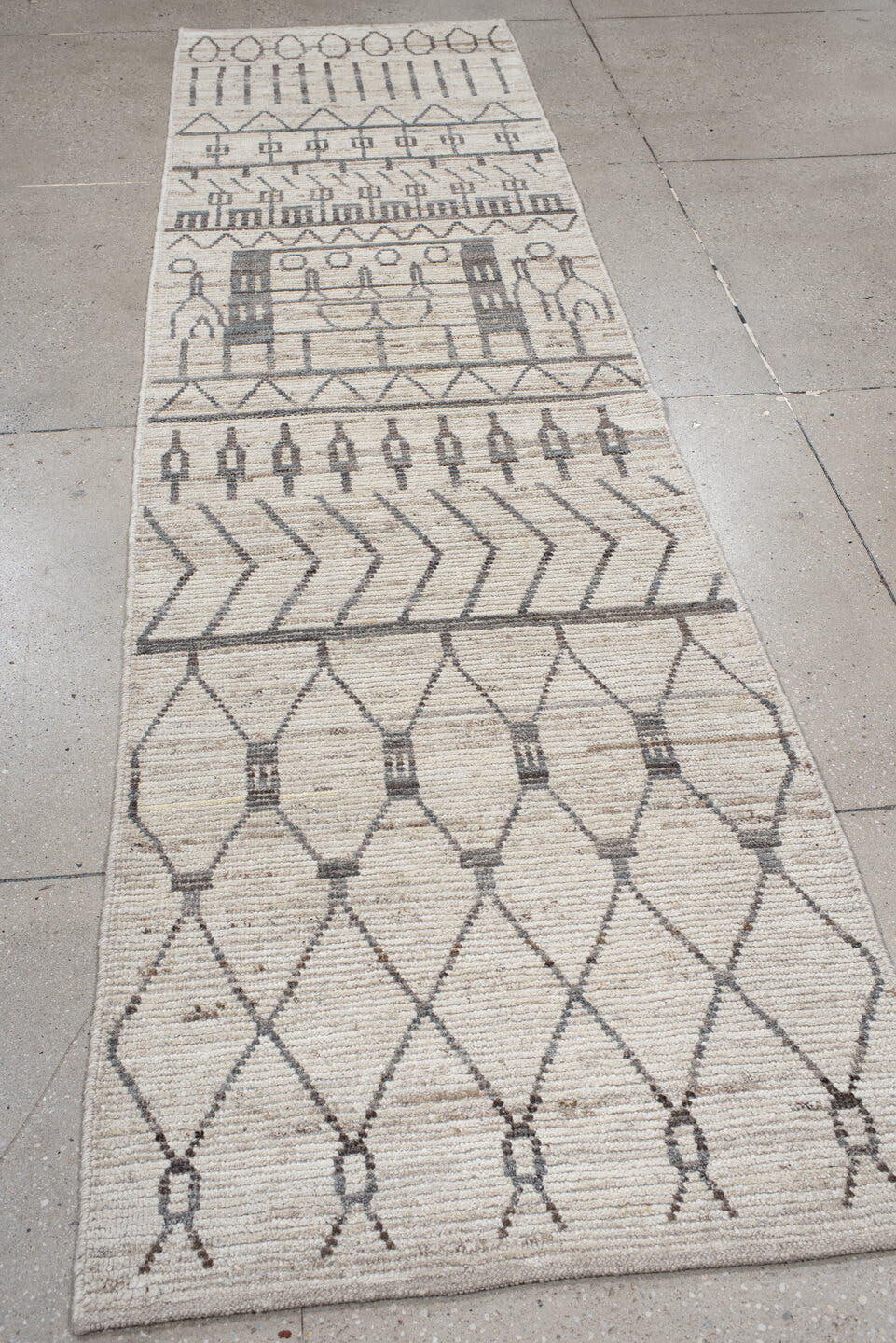 3' x 11' one-of-a-kind handmade vintage Tulu runner rug. Color palette: ivory, charcoal, taupe, cream, camel, gray, black
