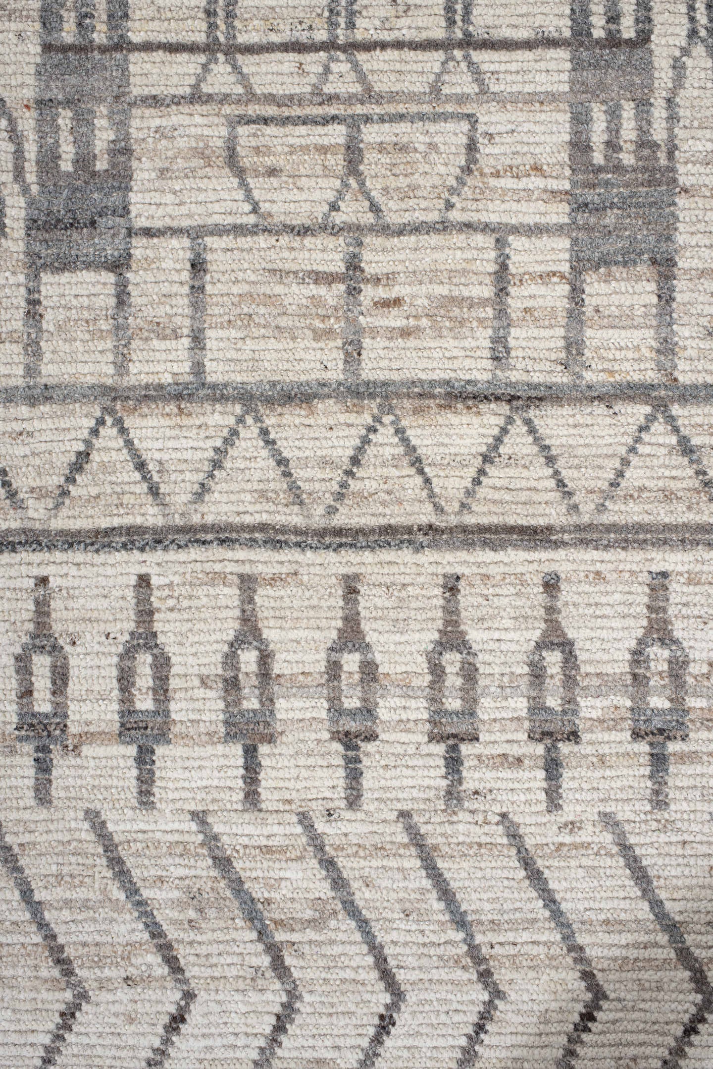 3' x 11' one-of-a-kind handmade vintage Tulu runner rug. Color palette: ivory, charcoal, taupe, cream, camel, gray, black