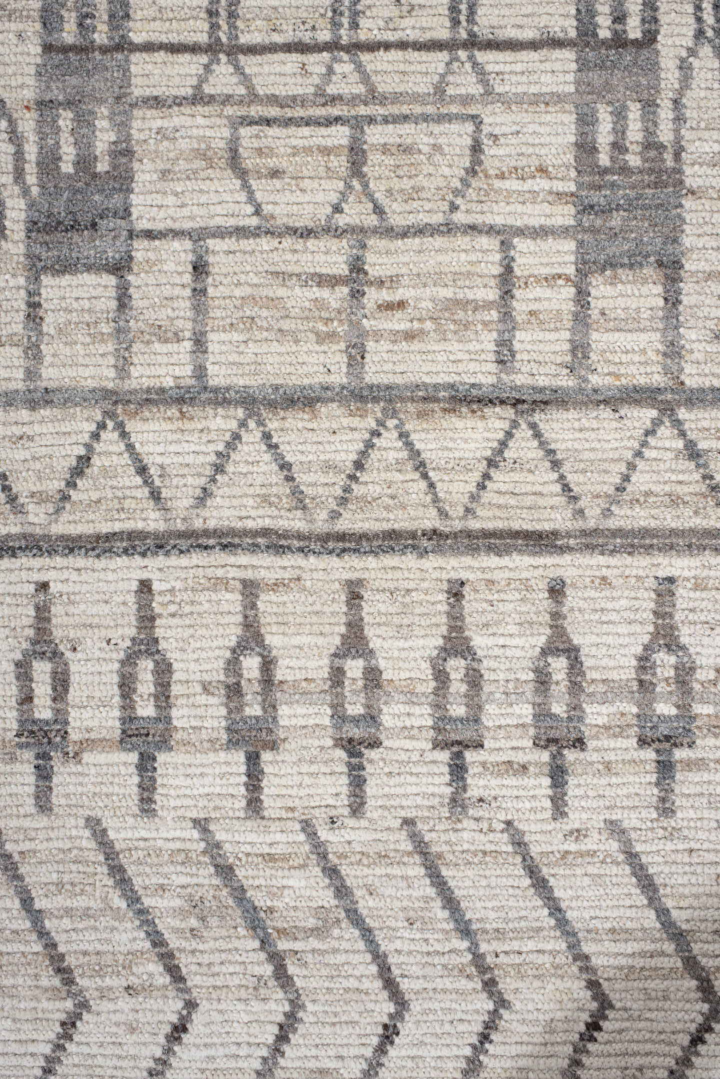 3' x 11' one-of-a-kind handmade vintage Tulu runner rug. Color palette: ivory, charcoal, taupe, cream, camel, gray, black