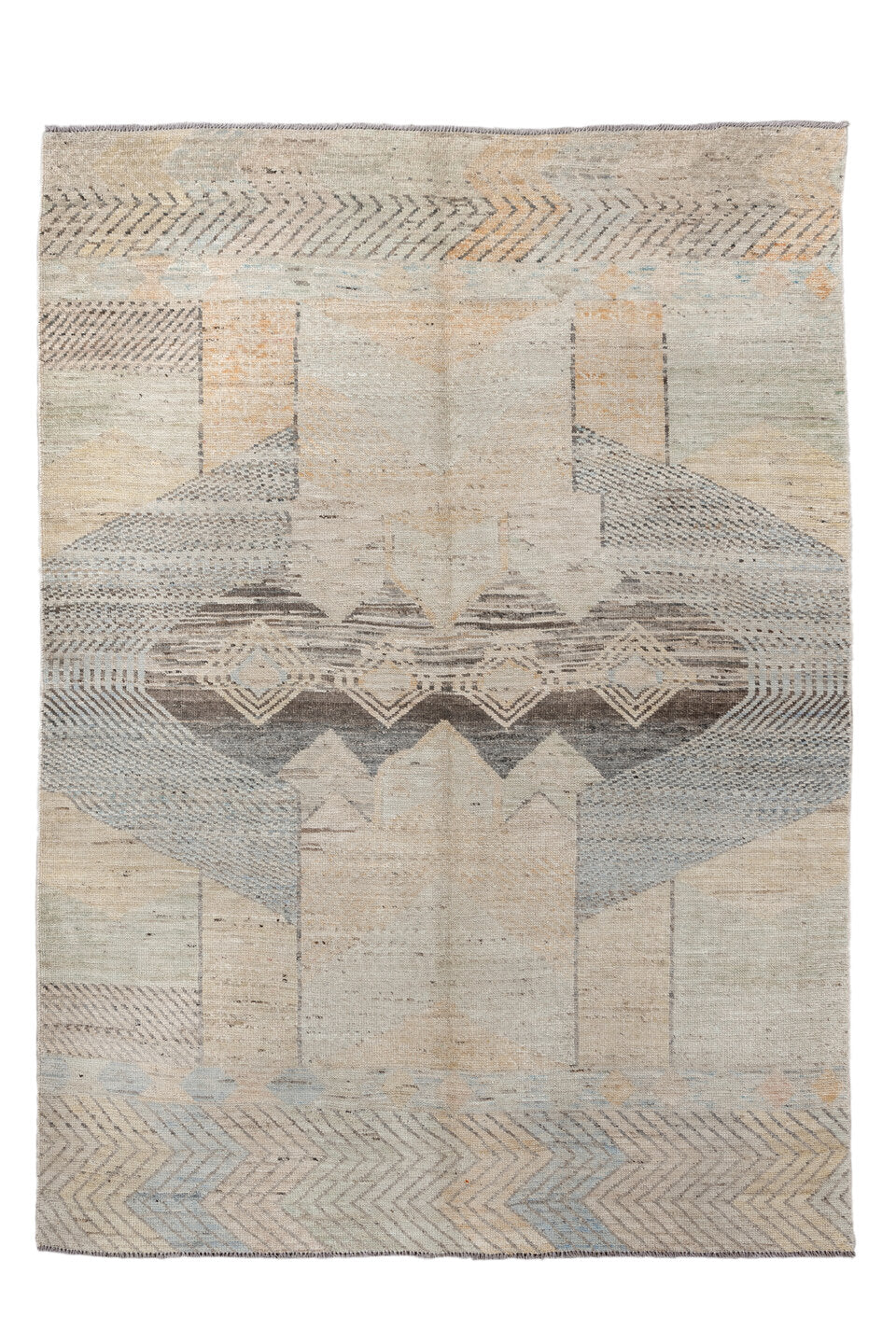 5' x 7' one-of-a-kind handmade vintage Tulu rug. Color palette: brown, gray, light gray, off-white