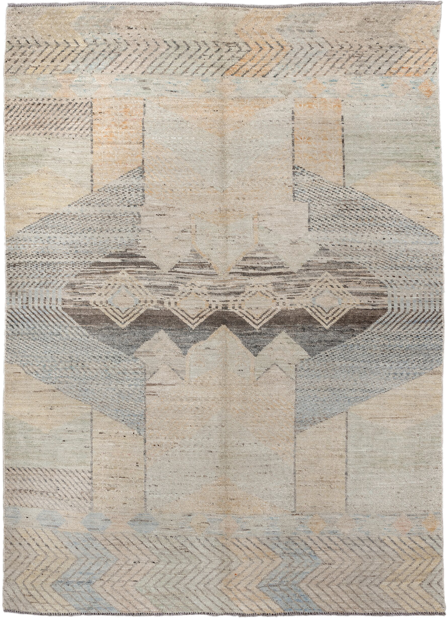 5' x 7' one-of-a-kind handmade vintage Tulu rug. Color palette: ivory, taupe, gray, pale blue, cream, charcoal, sand, beige