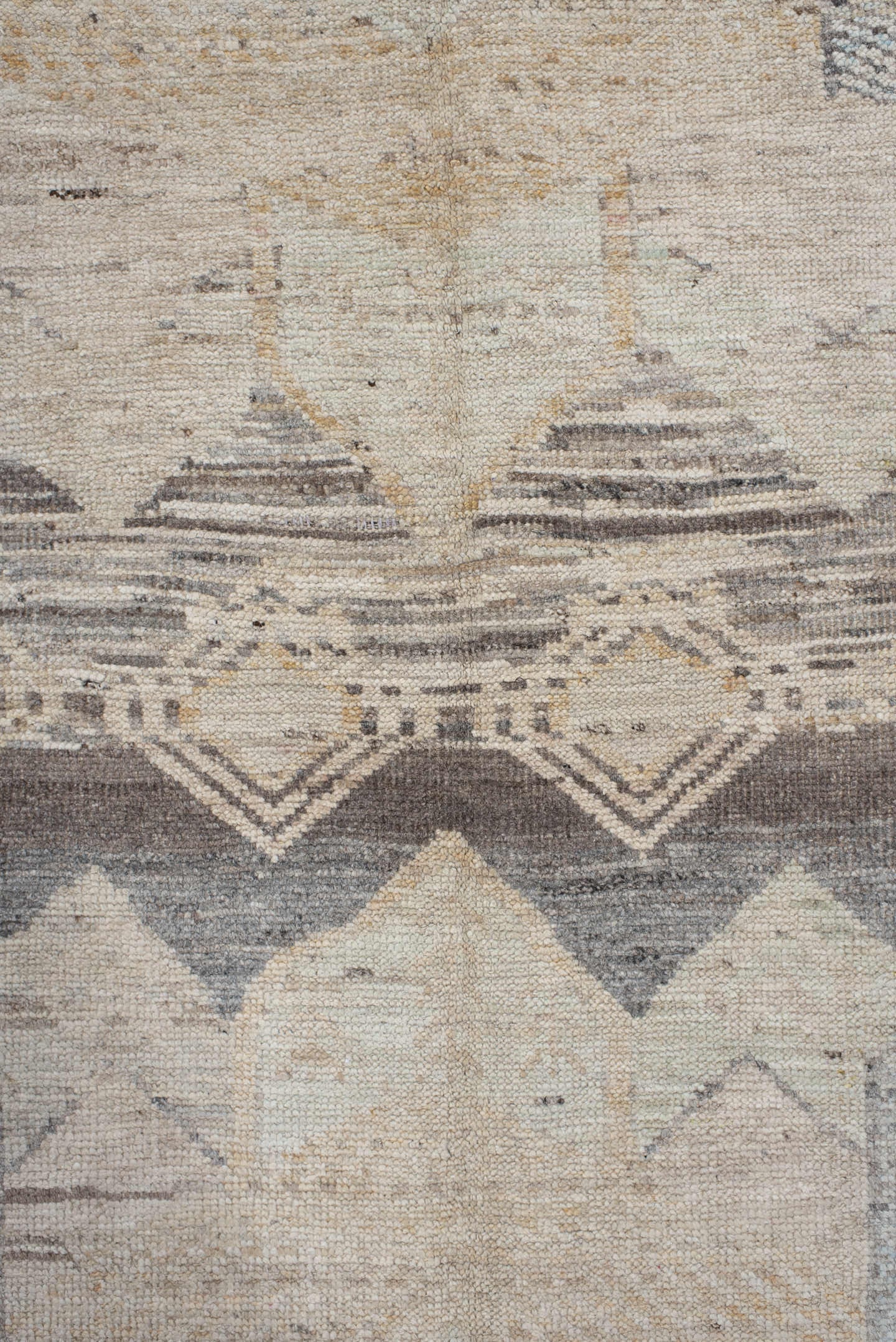 5' x 7' one-of-a-kind handmade vintage Tulu rug. Color palette: ivory, taupe, gray, pale blue, cream, charcoal, sand, beige