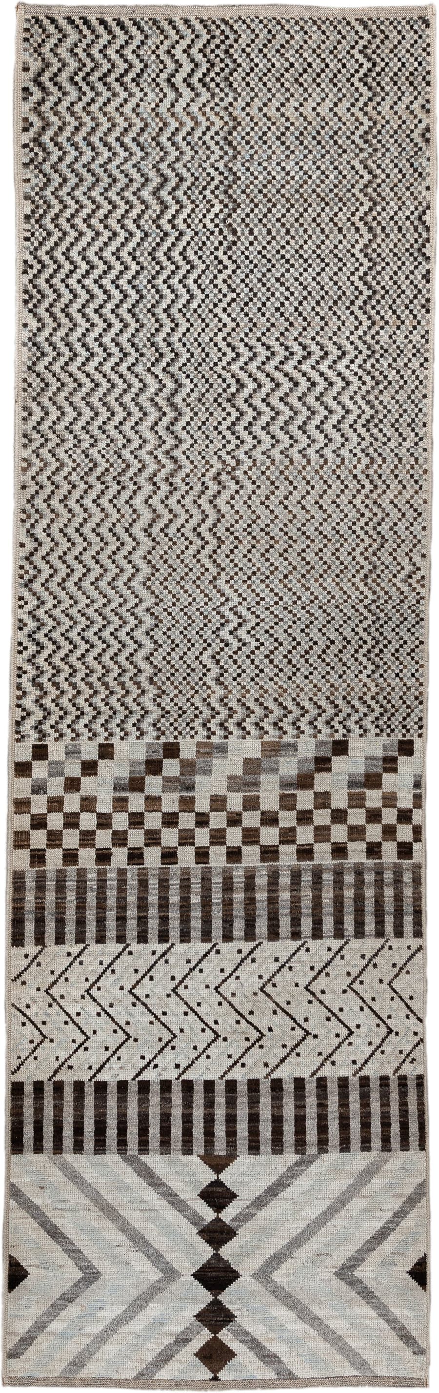 2' x 9' one-of-a-kind handmade vintage Tulu runner rug. Color palette: ivory, brown, gray, charcoal, taupe, black, beige