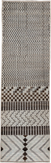2' x 9' one-of-a-kind handmade vintage Tulu runner rug. Color palette: ivory, brown, gray, charcoal, taupe, black, beige