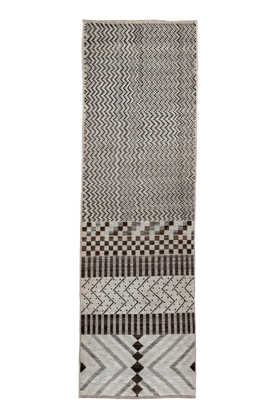 2' x 9' one-of-a-kind handmade vintage Tulu runner rug. Color palette: black, brown, dark gray, gainsboro, gray, light gray