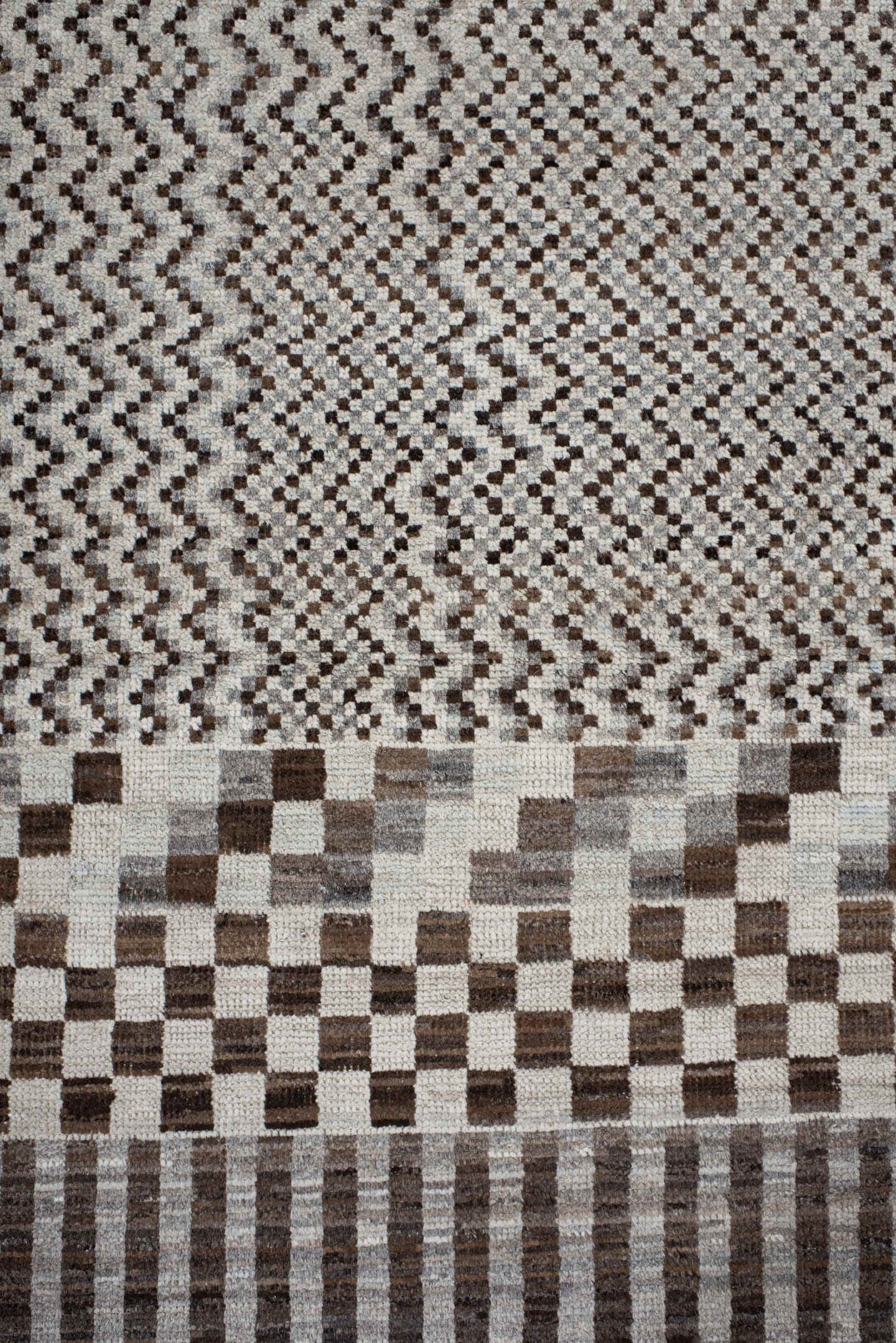 2' x 9' one-of-a-kind handmade vintage Tulu runner rug. Color palette: ivory, brown, gray, charcoal, taupe, black, beige