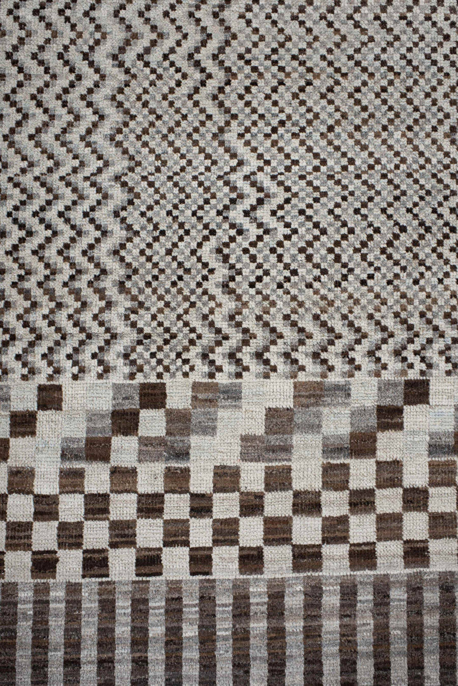 2' x 9' one-of-a-kind handmade vintage Tulu runner rug. Color palette: ivory, brown, gray, charcoal, taupe, black, beige