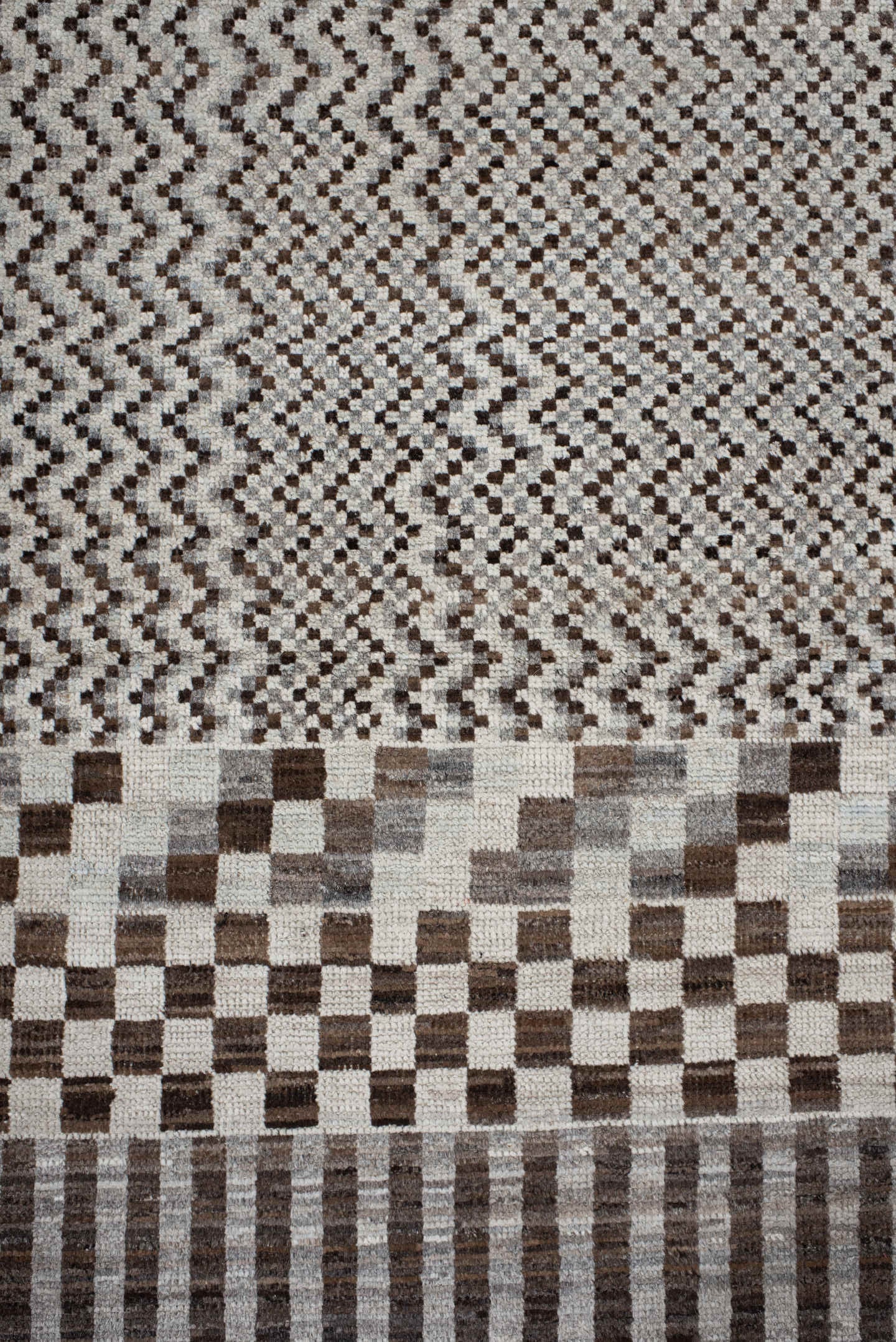 2' x 9' one-of-a-kind handmade vintage Tulu runner rug. Color palette: ivory, brown, gray, charcoal, taupe, black, beige