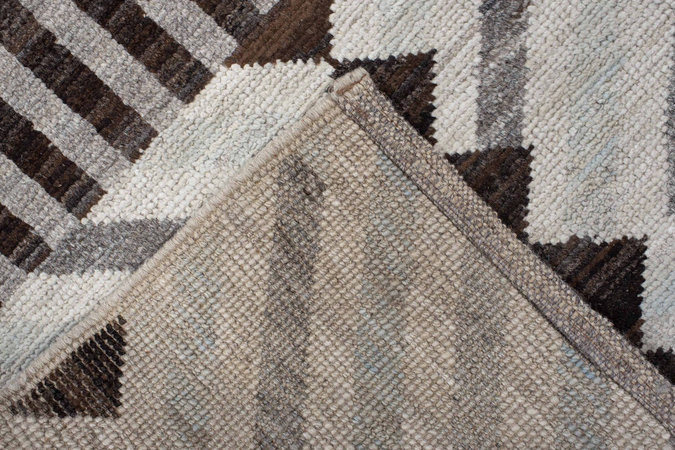 2' x 9' one-of-a-kind handmade vintage Tulu runner rug. Color palette: ivory, brown, gray, charcoal, taupe, black, beige