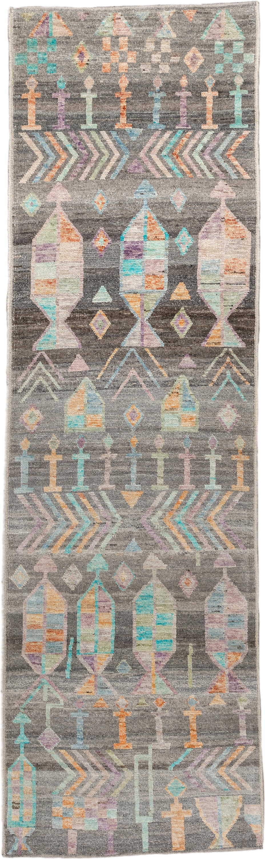2' x 9' one-of-a-kind handmade vintage Tulu runner rug. Color palette: charcoal, aqua, ivory, lavender, peach, taupe, sage