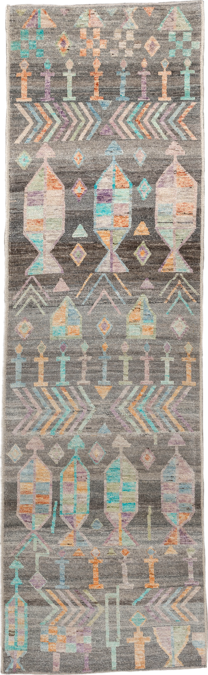 2' x 9' one-of-a-kind handmade vintage Tulu runner rug. Color palette: charcoal, aqua, ivory, lavender, peach, taupe, sage
