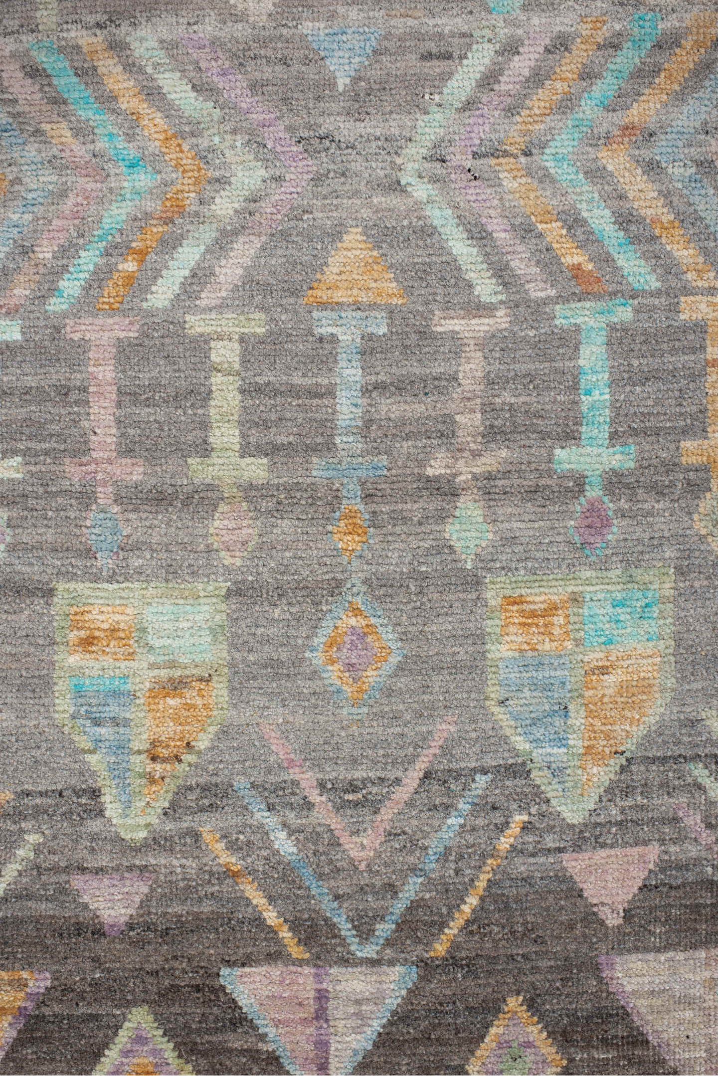 2' x 9' one-of-a-kind handmade vintage Tulu runner rug. Color palette: charcoal, aqua, ivory, lavender, peach, taupe, sage