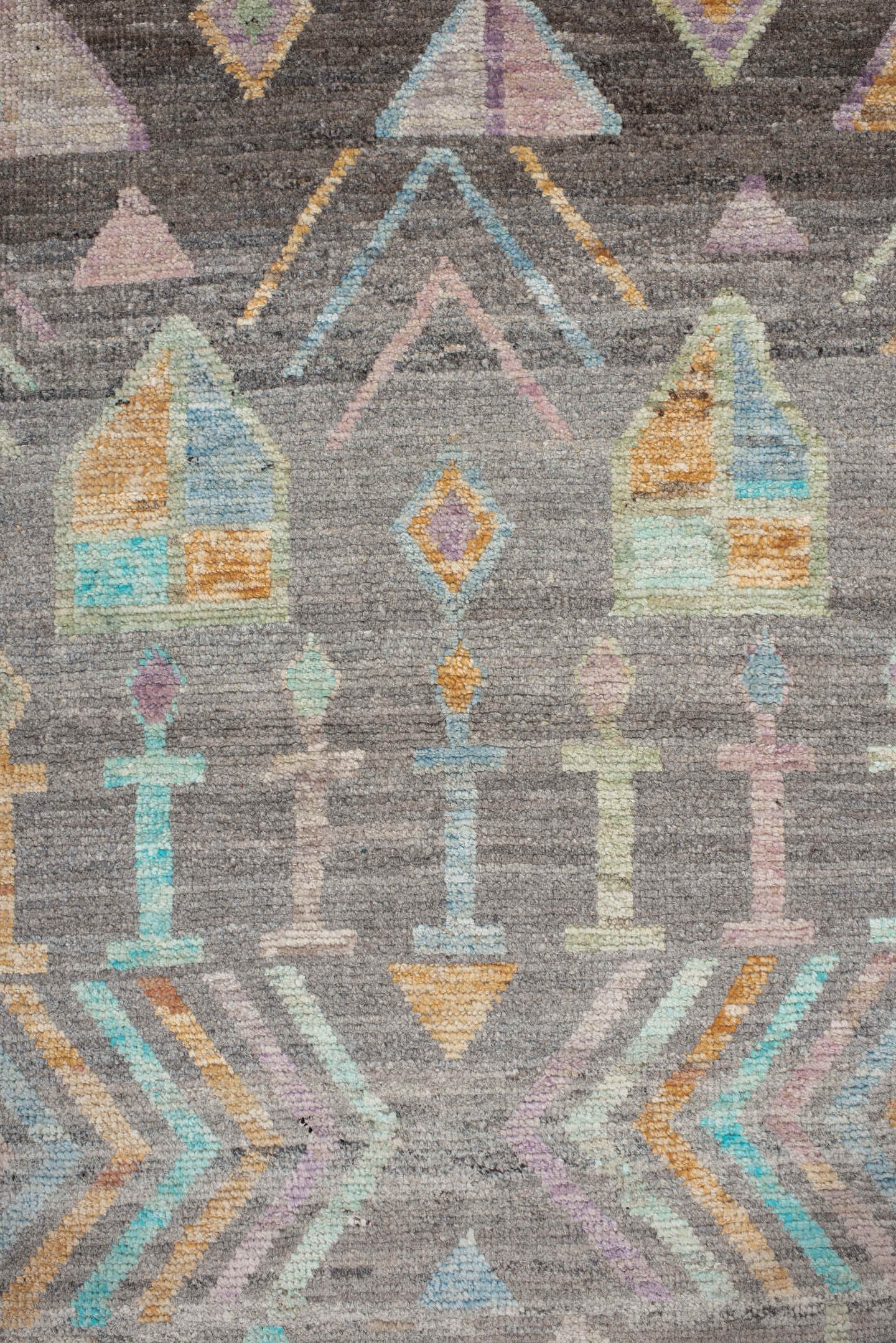 2' x 9' one-of-a-kind handmade vintage Tulu runner rug. Color palette: charcoal, aqua, ivory, lavender, peach, taupe, sage