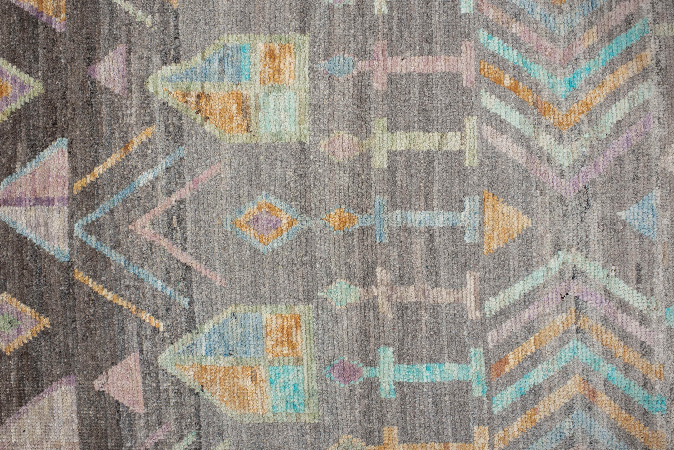 2' x 9' one-of-a-kind handmade vintage Tulu runner rug. Color palette: light gray, off-white, gray, blue, brown, green