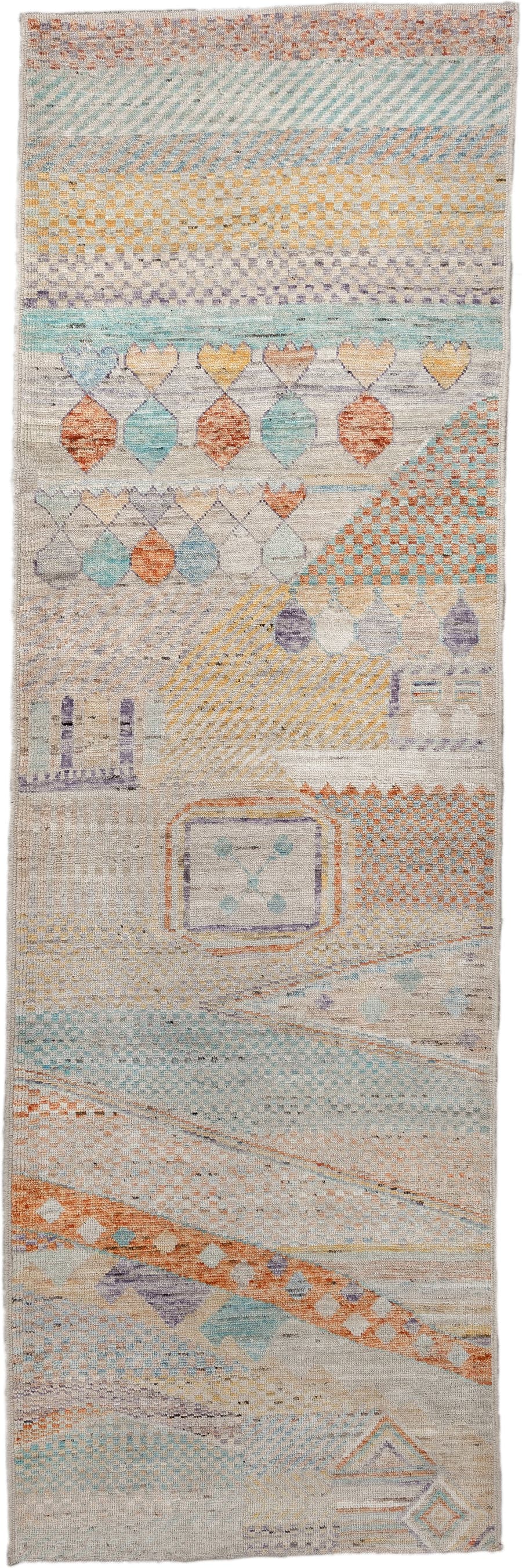 3' x 9' one-of-a-kind handmade vintage Tulu runner rug. Color palette: ivory, aqua, terra cotta, gold, lavender, taupe, teal