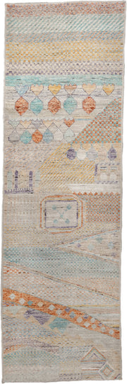 3' x 9' one-of-a-kind handmade vintage Tulu runner rug. Color palette: ivory, aqua, terra cotta, gold, lavender, taupe, teal