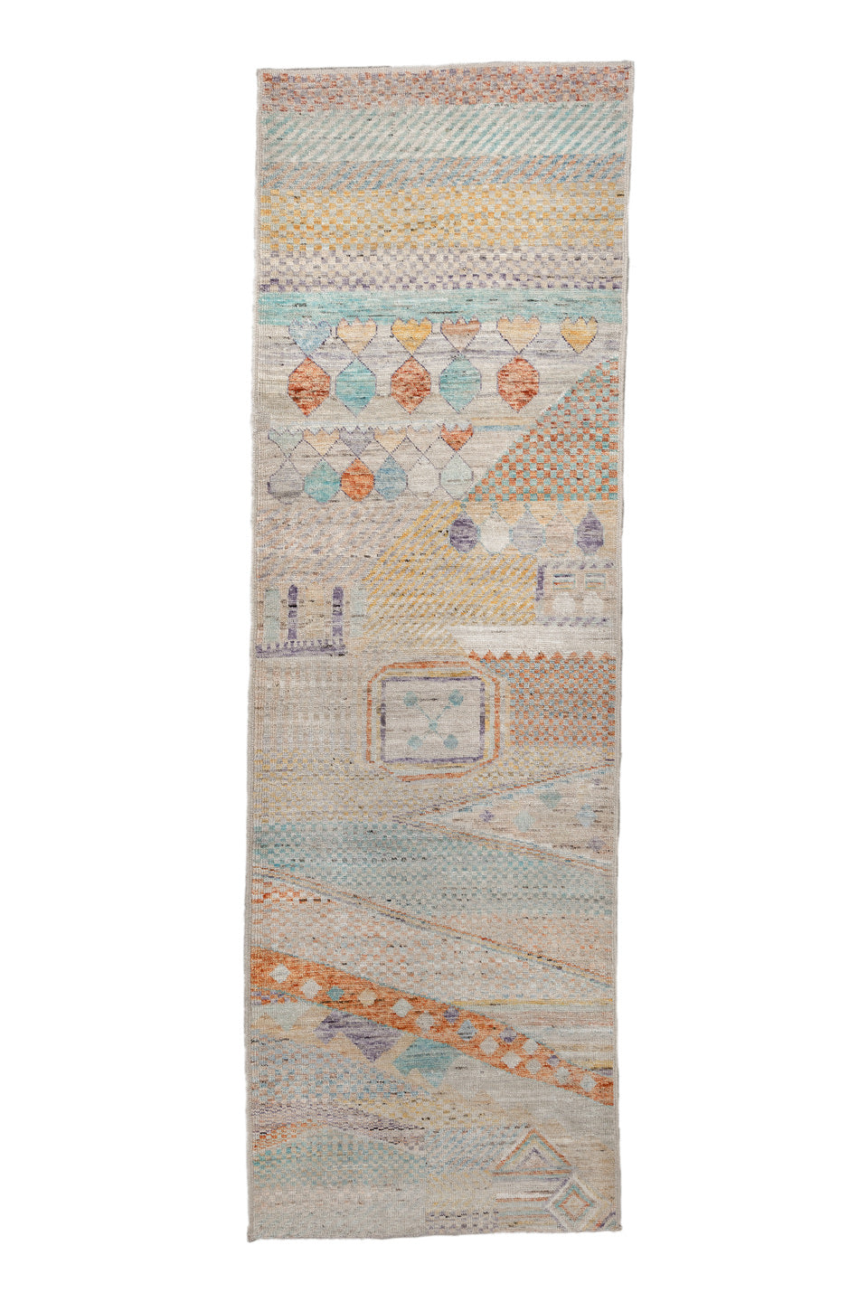 3' x 9' one-of-a-kind handmade vintage Tulu runner rug. Color palette: off-white, gray, light gray, brown, pink, blue