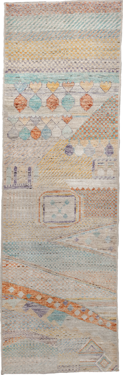 3' x 9' one-of-a-kind handmade vintage Tulu runner rug. Color palette: blue, brown, burlywood, gainsboro, gray, light gray