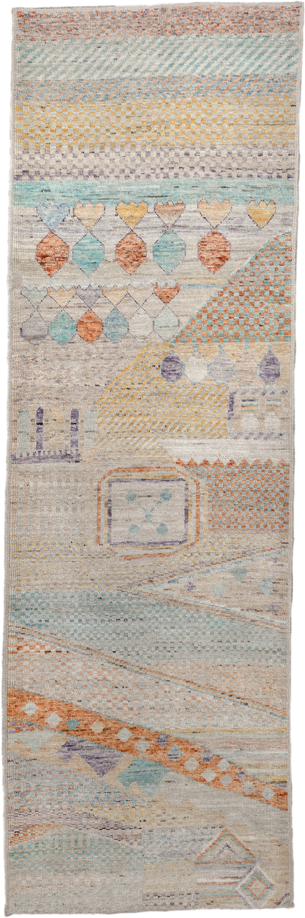 3' x 9' one-of-a-kind handmade vintage Tulu runner rug. Color palette: ivory, aqua, terra cotta, gold, lavender, taupe, teal