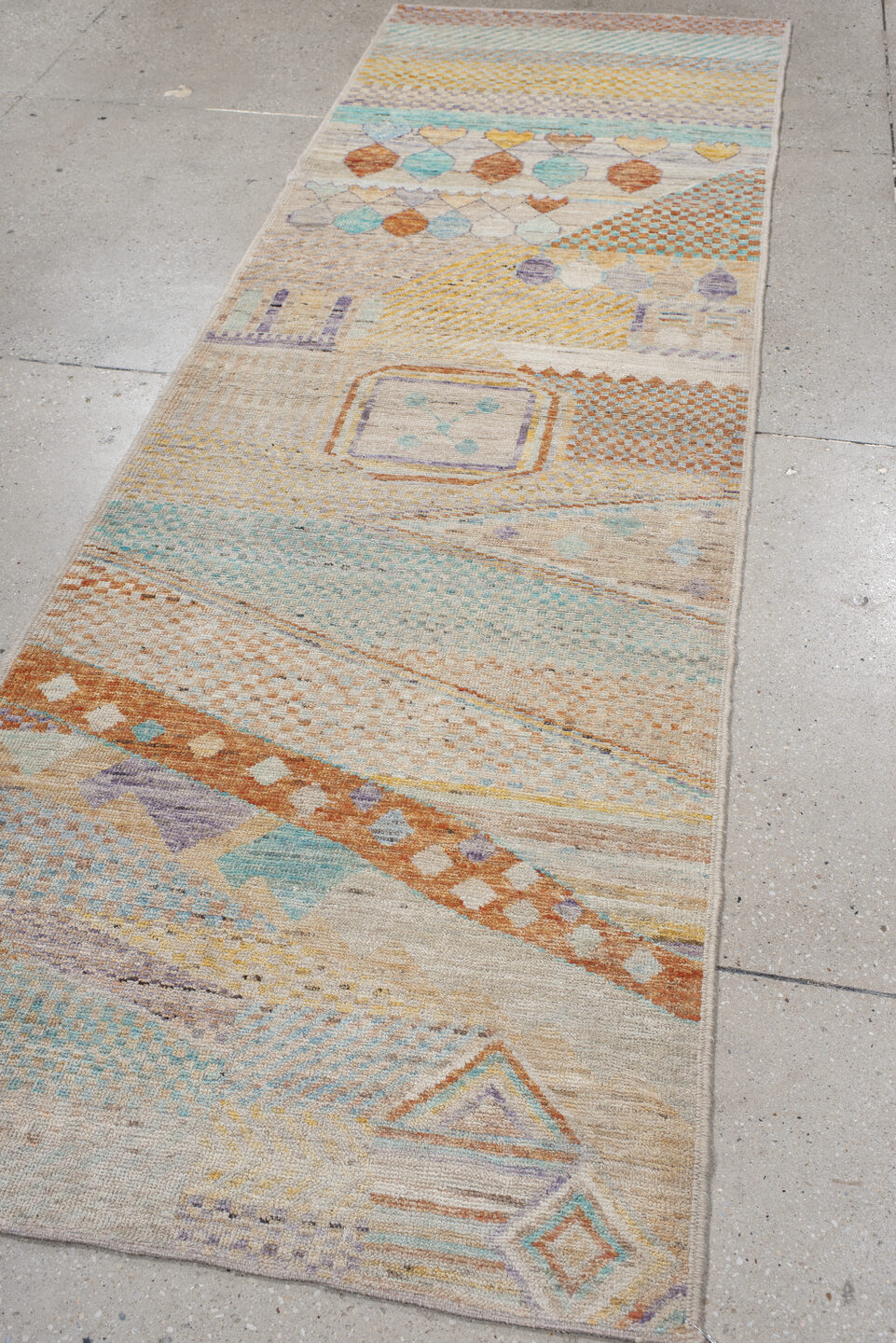 3' x 9' one-of-a-kind handmade vintage Tulu runner rug. Color palette: blue, brown, burlywood, gainsboro, gray, light gray
