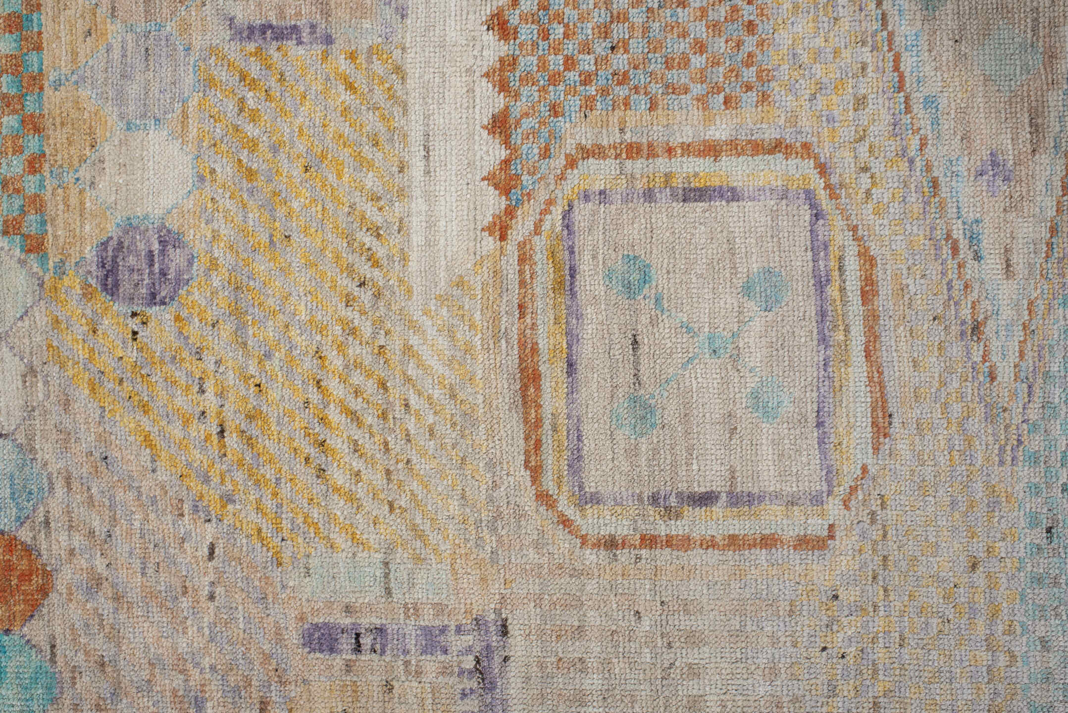 3' x 9' one-of-a-kind handmade vintage Tulu runner rug. Color palette: off-white, gray, light gray, brown, pink, blue