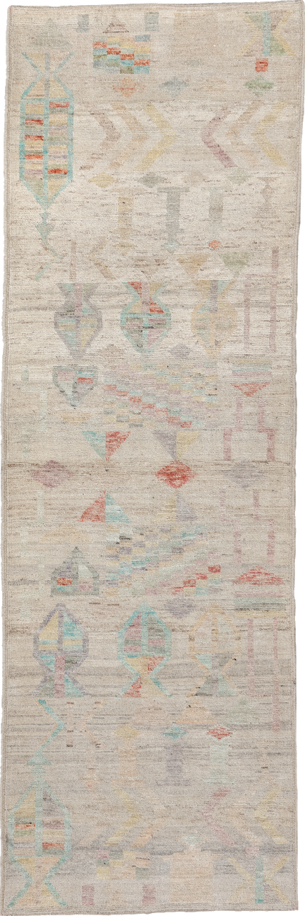 3' x 9' one-of-a-kind handmade vintage Tulu runner rug. Color palette: brown, gray, light gray, off-white, pink, silver