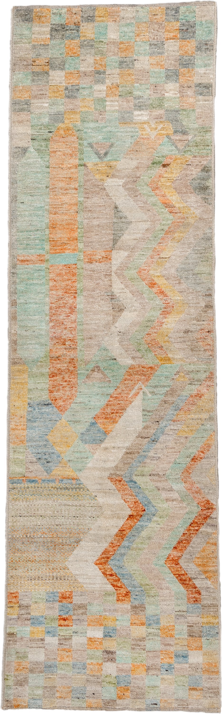 2' x 9' one-of-a-kind handmade vintage Tulu runner rug. Color palette: taupe, ivory, sage, terra cotta, pale blue, gold