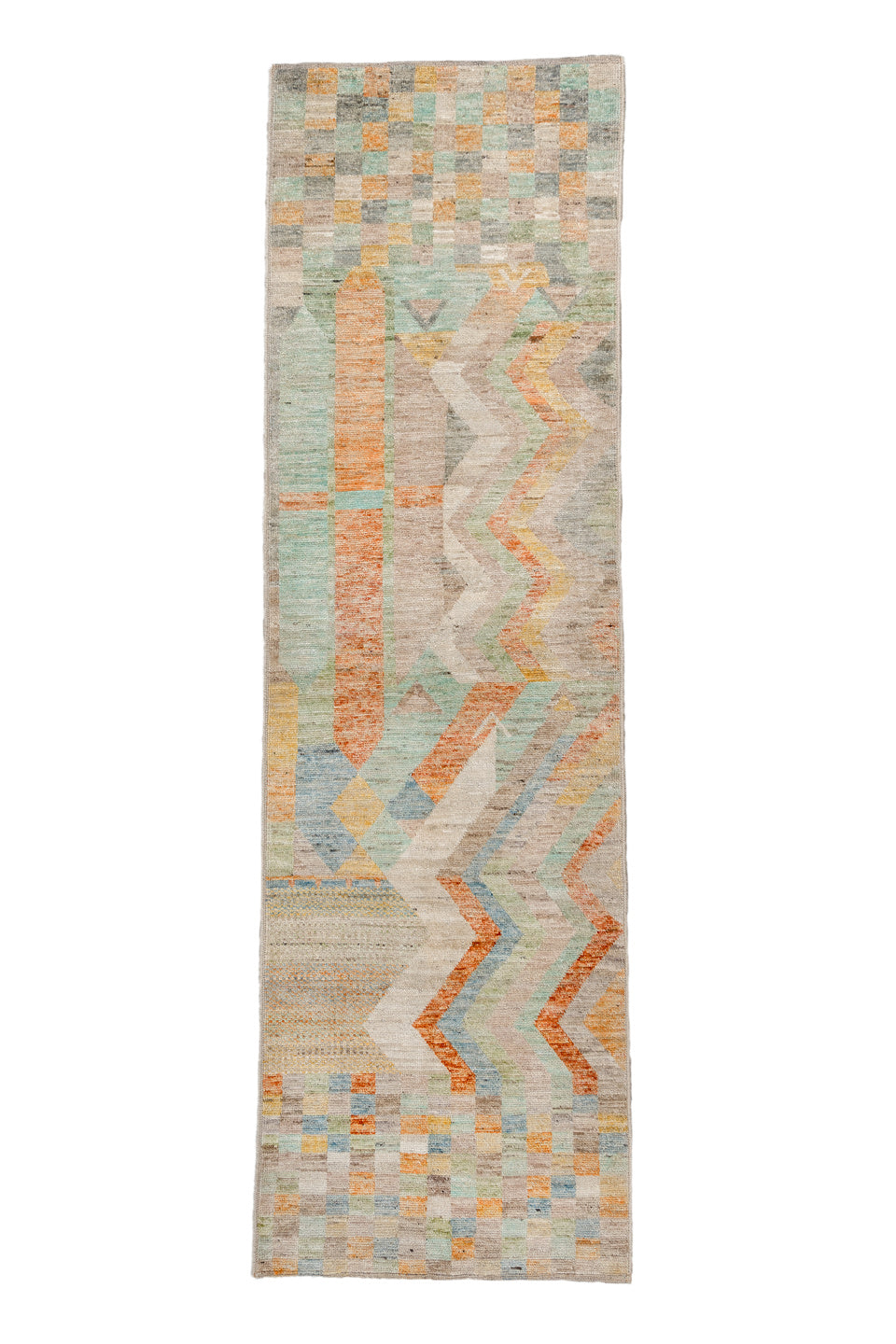 2' x 9' one-of-a-kind handmade vintage Tulu runner rug. Color palette: brown, gray, light gray, off-white, orange, pink
