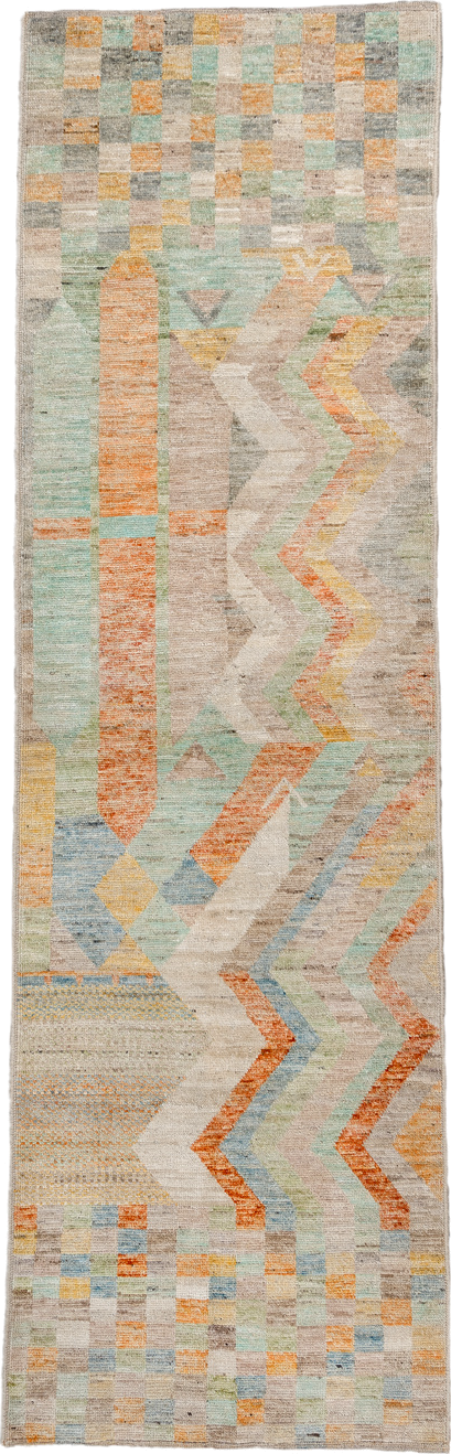 2' x 9' one-of-a-kind handmade vintage Tulu runner rug. Color palette: taupe, ivory, sage, terra cotta, pale blue, gold