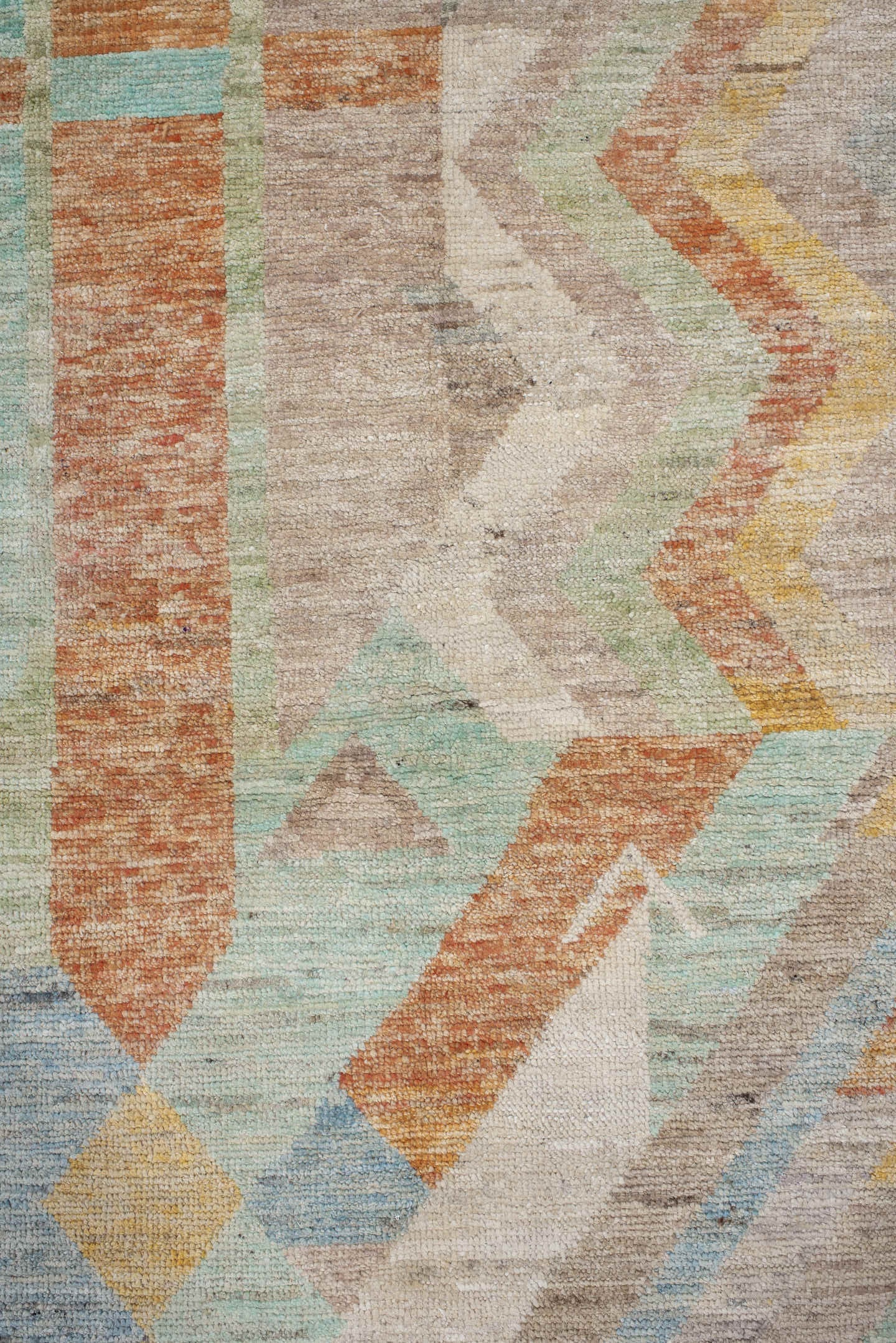 2' x 9' one-of-a-kind handmade vintage Tulu runner rug. Color palette: taupe, ivory, sage, terra cotta, pale blue, gold