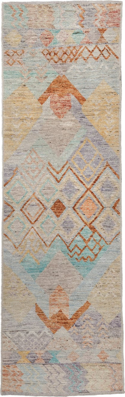 3' x 9' one-of-a-kind handmade vintage Tulu runner rug. Color palette: ivory, sky_blue, lavender, gold, rust, taupe, peach