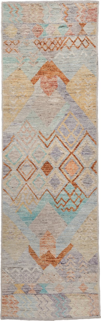 3' x 9' one-of-a-kind handmade vintage Tulu runner rug. Color palette: ivory, sky_blue, lavender, gold, rust, taupe, peach