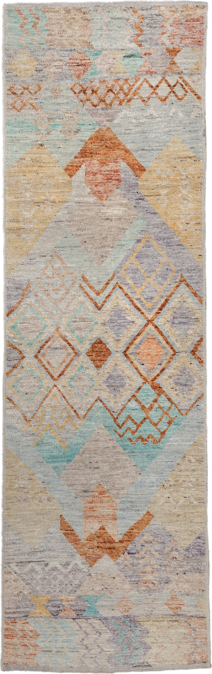3' x 9' one-of-a-kind handmade vintage Tulu runner rug. Color palette: ivory, sky_blue, lavender, gold, rust, taupe, peach