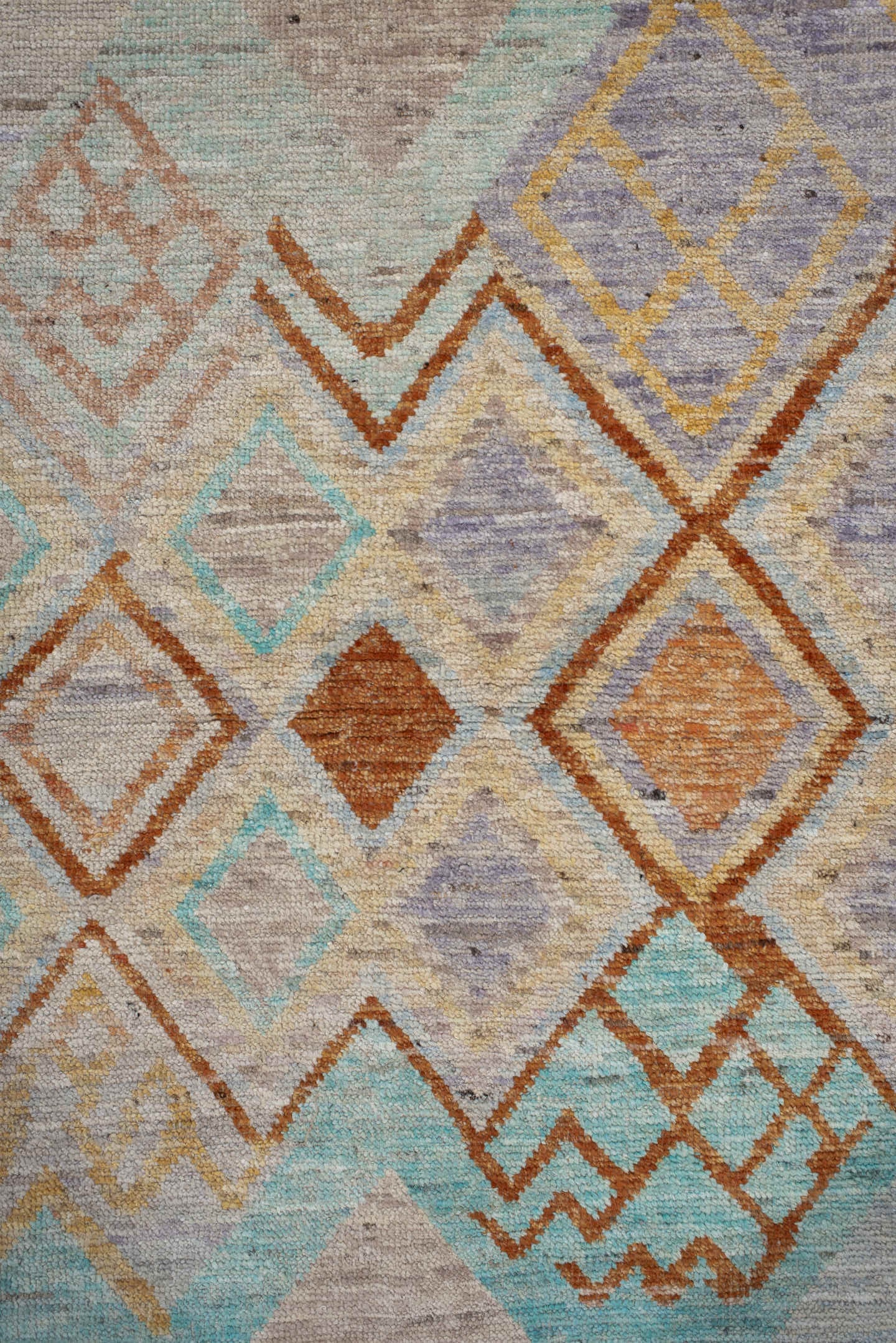 3' x 9' one-of-a-kind handmade vintage Tulu runner rug. Color palette: ivory, sky_blue, lavender, gold, rust, taupe, peach